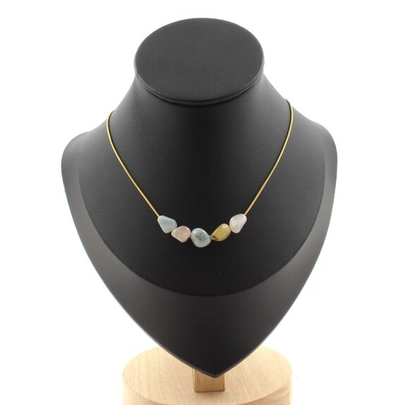 Beryl Morganite from Brazil 5 beads necklace. Golden Stainless steel chain