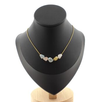 Beryl Morganite from Brazil 5 beads necklace. Golden Stainless steel chain