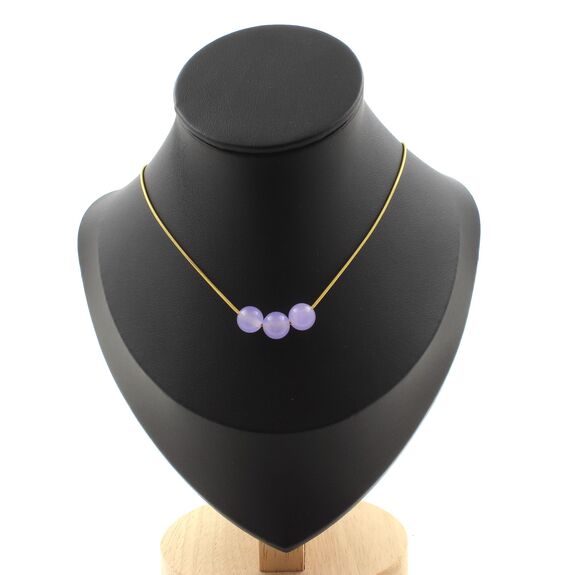 Lavender Chalcedony 3 beads 8 mm necklace. Golden stainless steel chain
