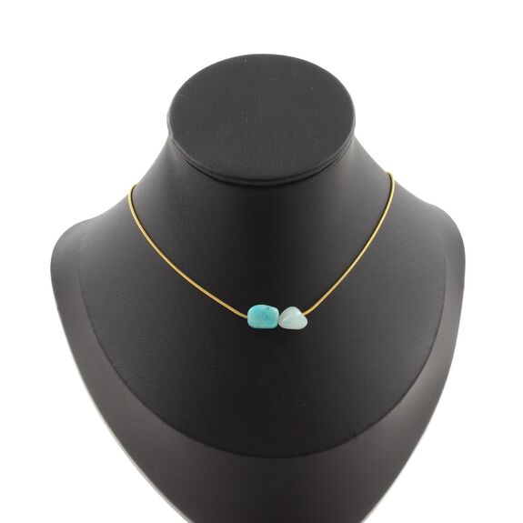 Amazonite from Brazil 2 beads necklace. Golden stainless steel chain