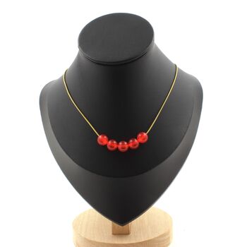 Red Chalcedony 5 beads 8 mm necklace. Golden Stainless steel chain