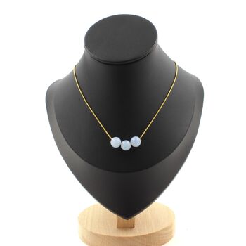 Blue Chalcedony 3 beads 8 mm necklace. Golden stainless steel chain