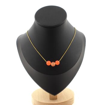 Orange Chalcedony 3 beads 8 mm necklace. Golden stainless steel chain