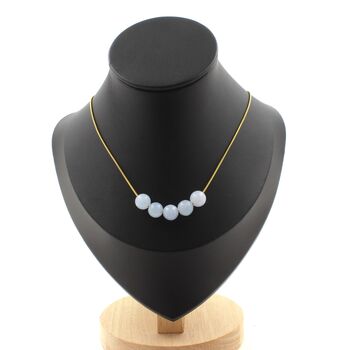 Blue Chalcedony 5 beads 8 mm necklace. Golden Stainless steel chain