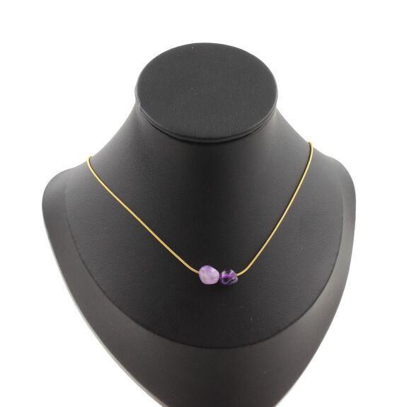 Amethyst from Brazil 2 beads necklace. Golden stainless steel chain