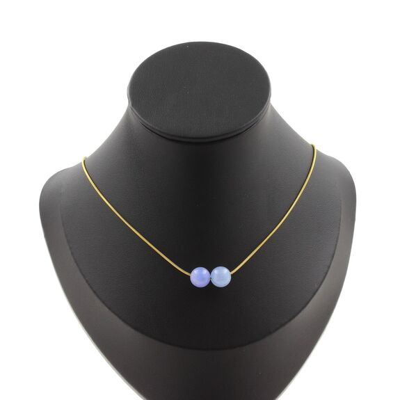 Aquamarine 2 beads 8 mm necklace. Golden stainless steel chain
