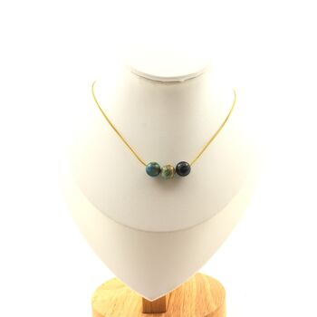 Chrysocolla from Namibia quality 7A 8 mm 3 beads necklace. Golden stainless steel chain