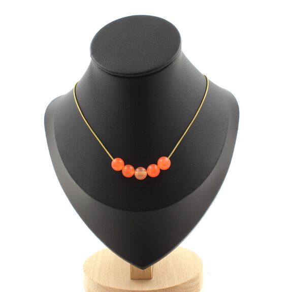 Orange Chalcedony 5 beads 8 mm necklace. Golden Stainless steel chain