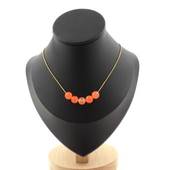 Orange Chalcedony 5 beads 8 mm necklace. Golden Stainless steel chain