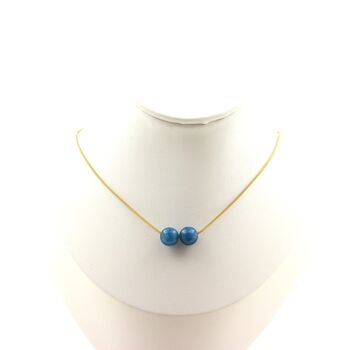 Collier 2 perles Apatite 8 mm. Chaine en acier doré inoxydable