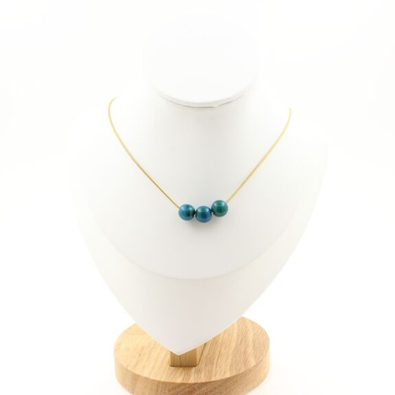 Tinted Chrysocolla 8 mm 3 beads necklace. Golden stainless steel chain
