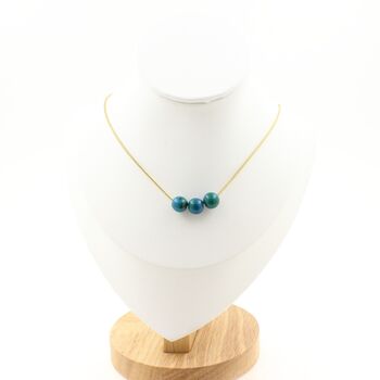 Tinted Chrysocolla 8 mm 3 beads necklace. Golden stainless steel chain