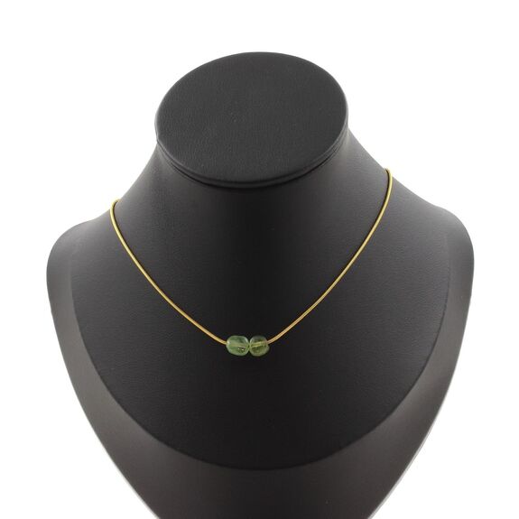Green Apatite from Madagascar 2 beads necklace. Golden stainless steel chain