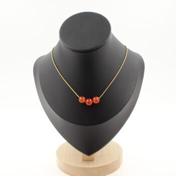 Carnelian from Uruguay quality 5A 8 mm 3 beads necklace. Golden stainless steel chain