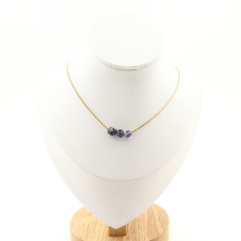 Cordierite Iolite from Madagascar 3 beads necklace. Golden stainless steel chain