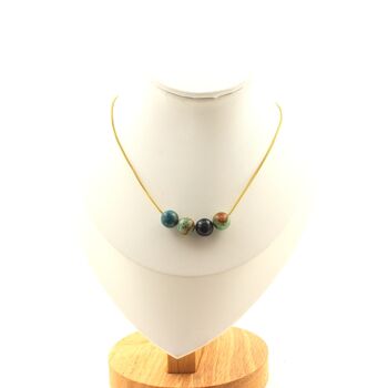 Chrysocolla from Namibia quality 7A 8 mm 4 beads necklace. Golden Stainless steel chain