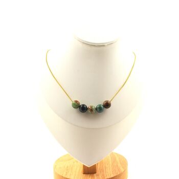 Chrysocolla from Namibia quality 7A 8 mm 5 beads necklace. Golden Stainless steel chain
