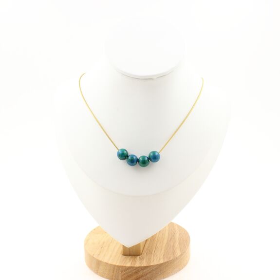 Tinted Chrysocolla 8 mm 4 beads necklace. Golden Stainless steel chain