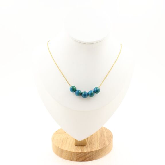 Tinted Chrysocolla 8 mm 5 beads necklace. Golden Stainless steel chain
