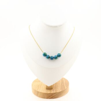 Tinted Chrysocolla 8 mm 5 beads necklace. Golden Stainless steel chain