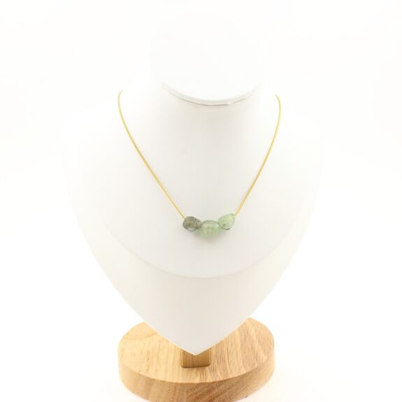 Green kyanite from Brazil 3 beads necklace. Golden stainless steel chain