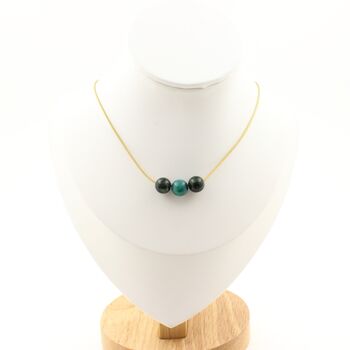 Emerald from Zambia Quality 3A 8 mm 3 beads necklace. Golden stainless steel chain