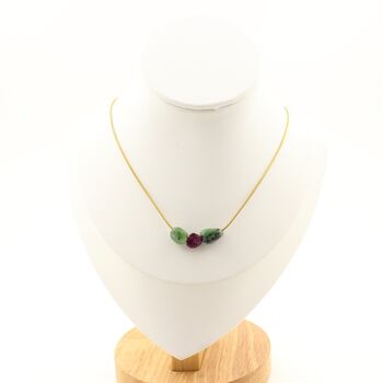 Epidote from Myanmar (Burma) 3 beads necklace. Golden stainless steel chain