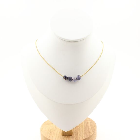 Cordierite Iolite from Madagascar 4 beads necklace. Golden Stainless steel chain