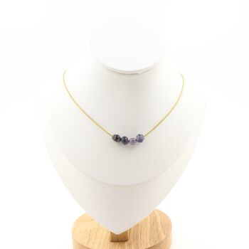 Cordierite Iolite from Madagascar 4 beads necklace. Golden Stainless steel chain