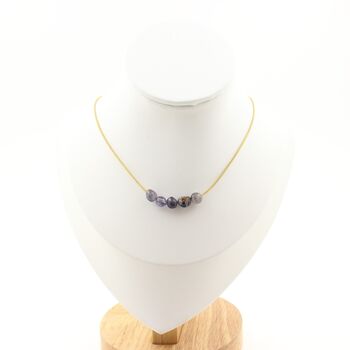 Cordierite Iolite from Madagascar 5 beads necklace. Golden Stainless steel chain