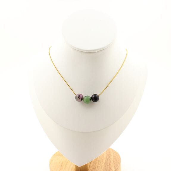 Epidote from Australia 8 mm 3 beads necklace. Golden stainless steel chain