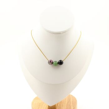Epidote from Australia 8 mm 3 beads necklace. Golden stainless steel chain