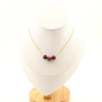 Garnet 8 mm 3 beads necklace. Golden stainless steel chain