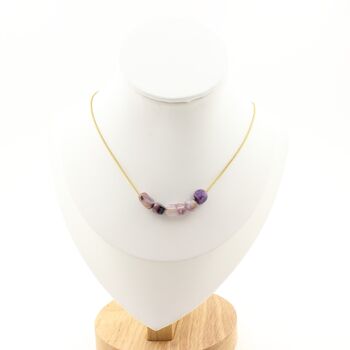 Charoite from Russia 5 beads necklace. Golden Stainless steel chain