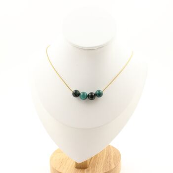 Emerald from Zambia Quality 3A 8 mm 4 beads necklace. Golden Stainless steel chain