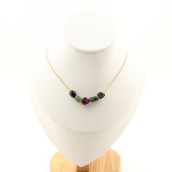 Epidote from Myanmar (Burma) 5 beads necklace. Golden Stainless steel chain