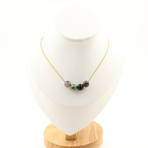 Epidote from Australia 8 mm 4 beads necklace. Golden Stainless steel chain