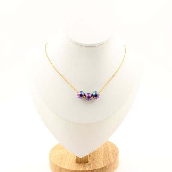 Multicolored hematite 8 mm 3 beads necklace. Golden stainless steel chain