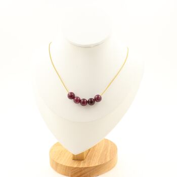Garnet 8 mm 5 beads necklace. Golden Stainless steel chain