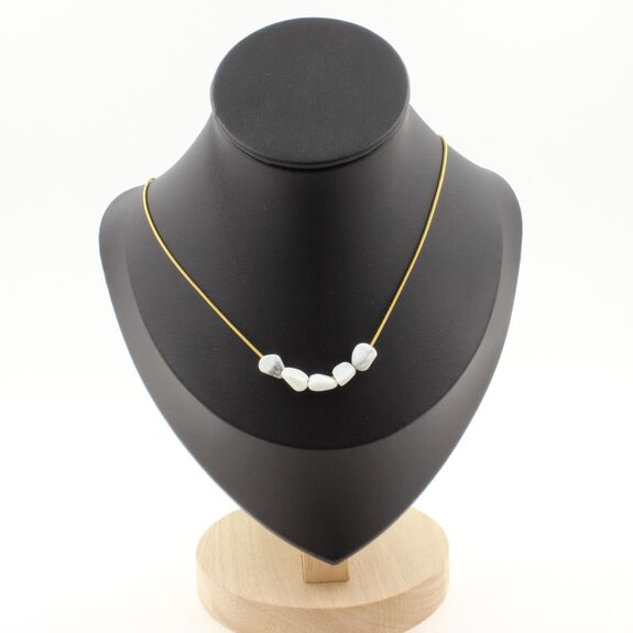 Howlite from the USA 5 beads necklace. Golden Stainless steel chain