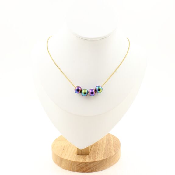 Multicolored hematite 8 mm 4 beads necklace. Golden Stainless steel chain