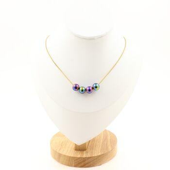 Multicolored hematite 8 mm 4 beads necklace. Golden Stainless steel chain