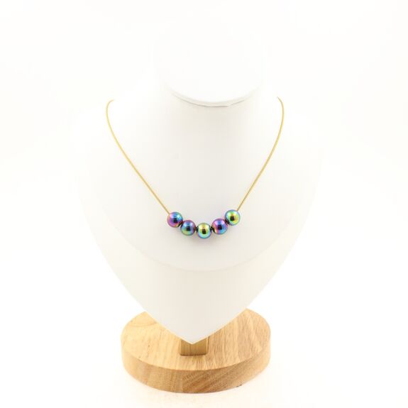 Multicolored hematite 8 mm 5 beads necklace. Golden Stainless steel chain