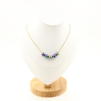 Multicolored hematite 8 mm 5 beads necklace. Golden Stainless steel chain