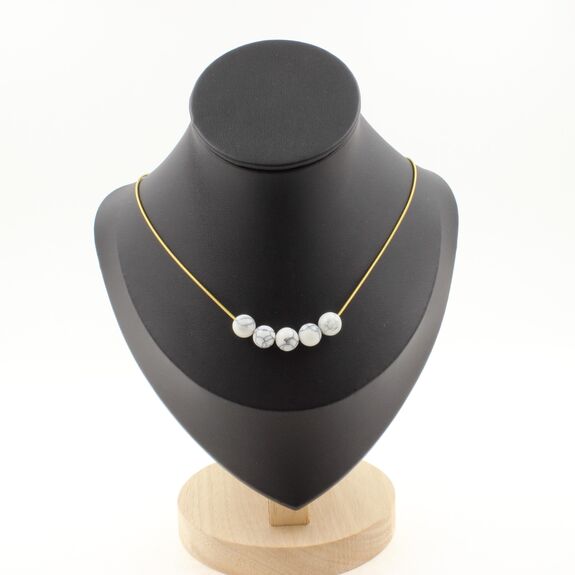 Howlite 8 mm 5 beads necklace. Golden Stainless steel chain
