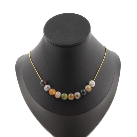 Indian Agate 10 beads necklace 8 mm. Golden stainless steel chain