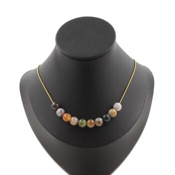 Indian Agate 10 beads necklace 8 mm. Golden stainless steel chain