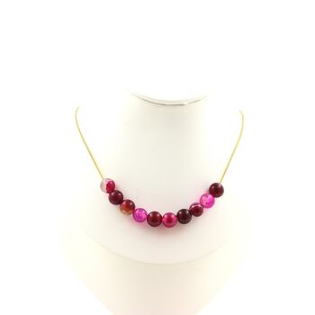 Pink banded Agate 10 beads necklace 8 mm. Golden stainless steel chain