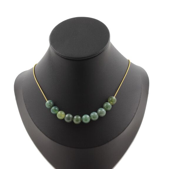 Moss Agate 10 beads 8 mm necklace. Golden stainless steel chain