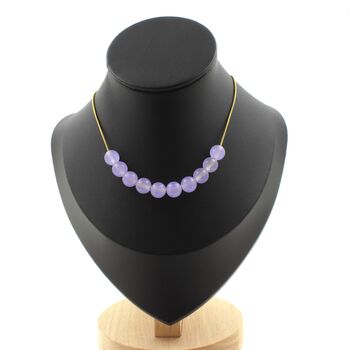 Lavender Chalcedony 10 beads 8 mm necklace. Golden stainless steel chain